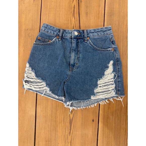 Topshop Denim Jean Shorts Blue Distressed Ripped High Waisted Womens Size 4 - Picture 1 of 6